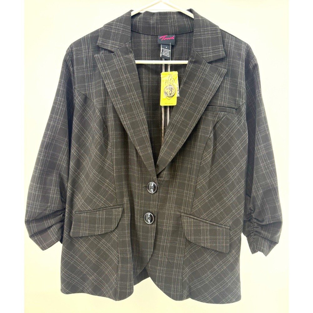Torrid Womens Plus 0 Black Gray Plaid Blazer 3/4 Sleeve Lined Pockets